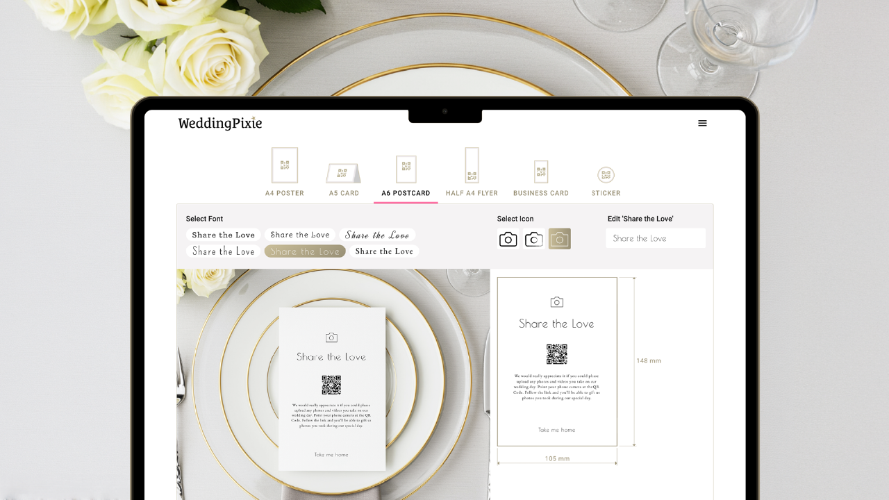 A6 wedding QR code postcard wedding signage to collect guest photos and videos