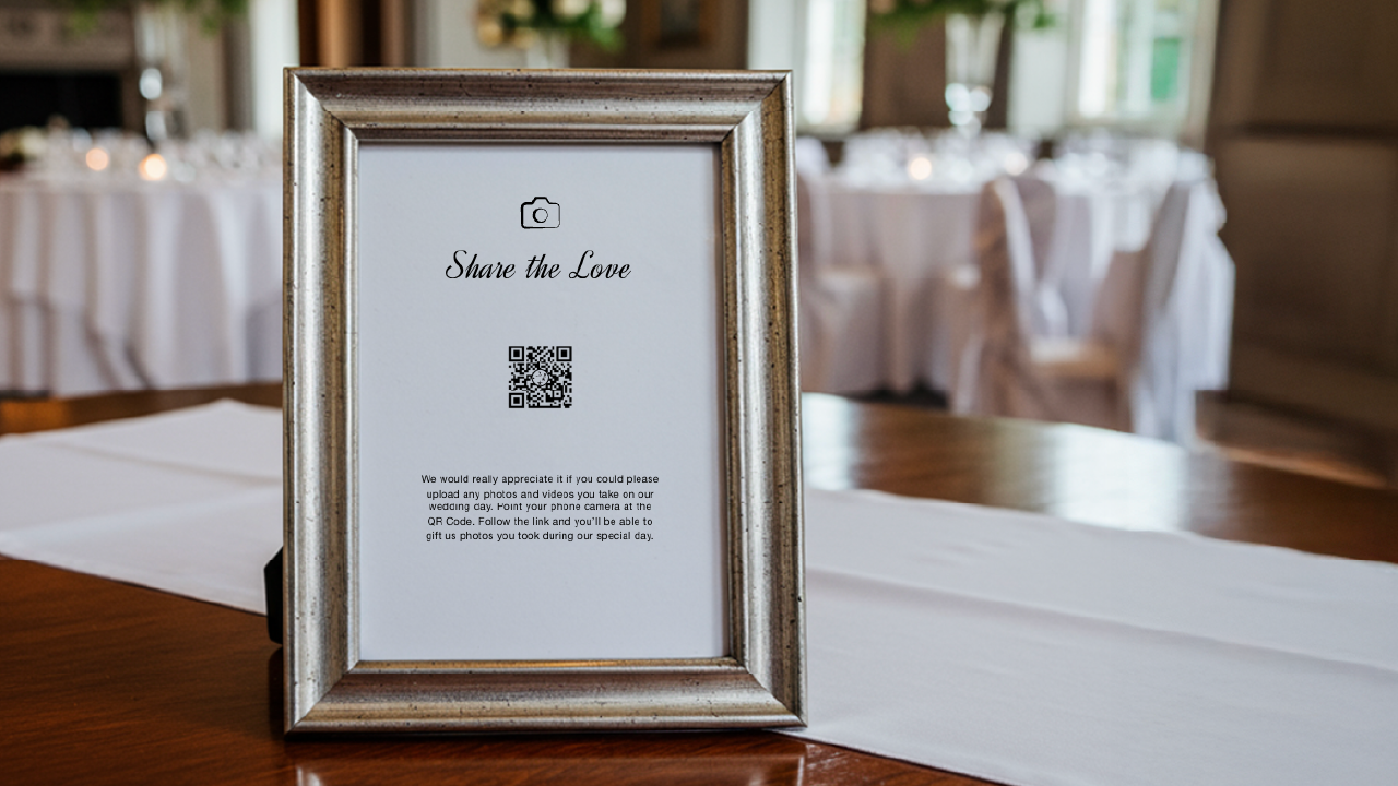 Wedding QR code signage example with a simple black and white design