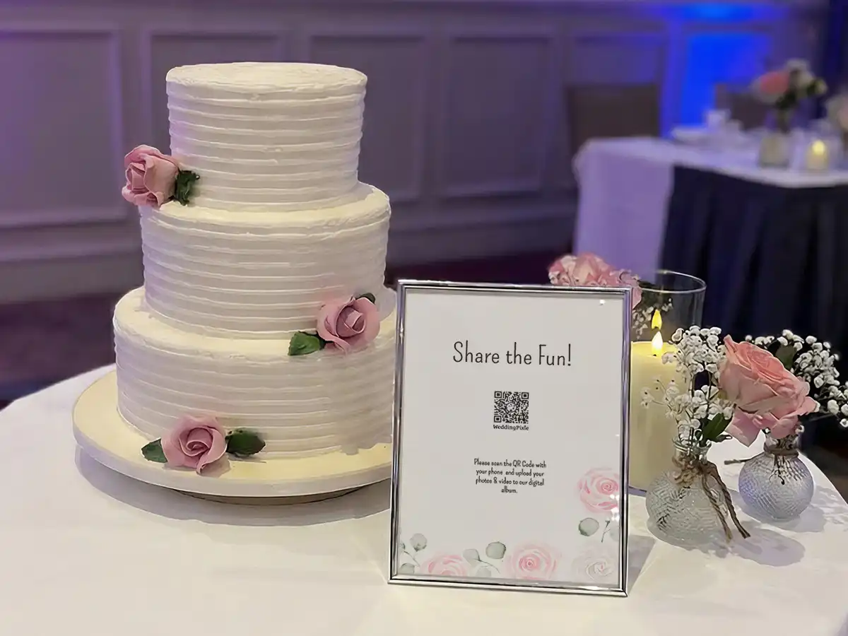 Wedding Cake Station Framed QR Code matching floral display and cake decoration